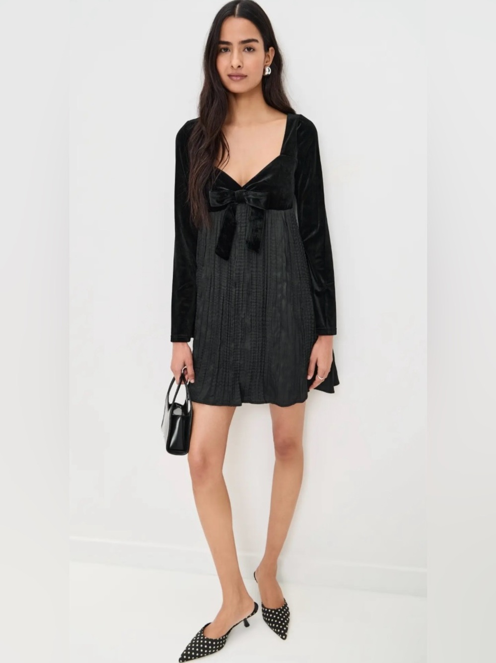 Another Girl Velvet Bow Detail Fabric Mix Mini Dress in Black